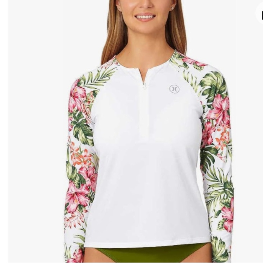 Hurley Rashguard Womens  / NWT / UPF 50+ White with Floral Long Sleeves / Size M